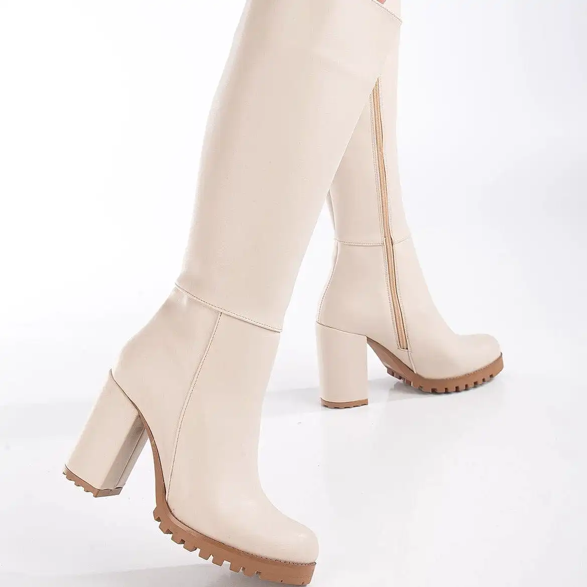 Alize Vegan Leather Wide Calf Platform Boots | Beige