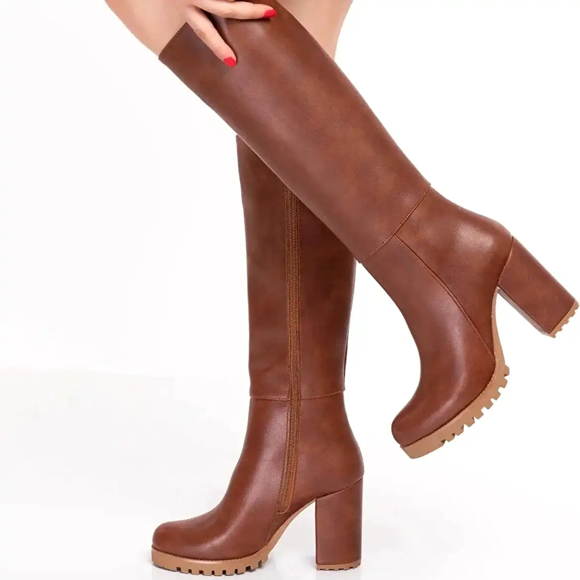 Alize Vegan Leather Wide Calf Platform Boots | Cognac