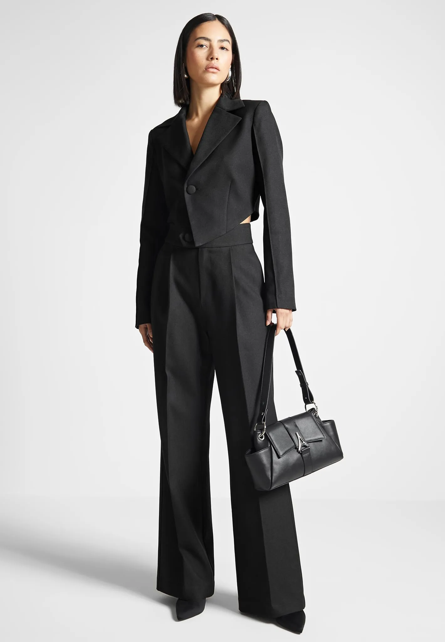 Asymmetric Tailored Cropped Blazer - Black