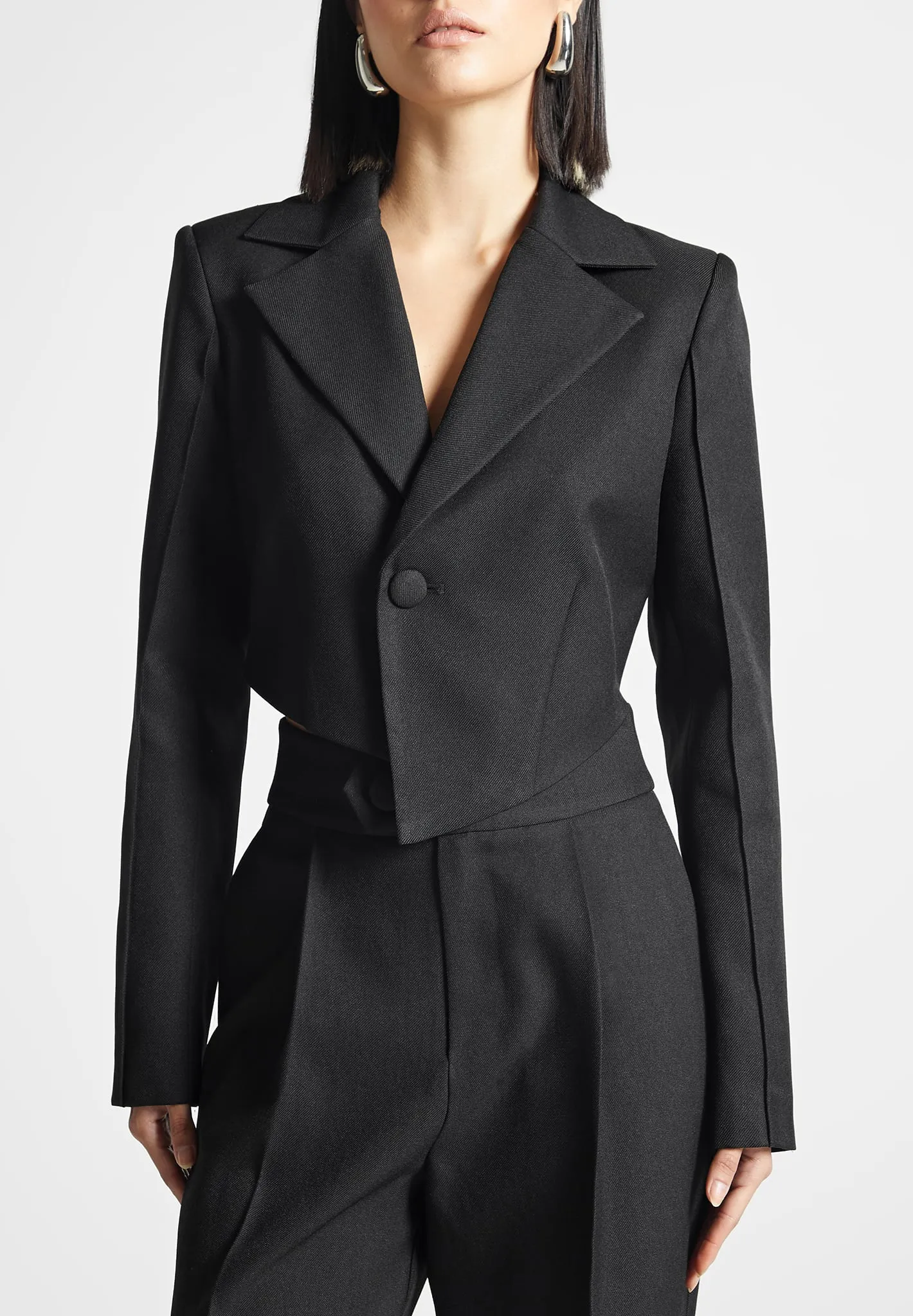 Asymmetric Tailored Cropped Blazer - Black