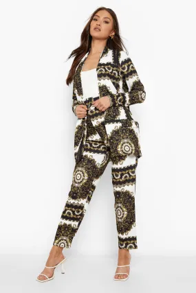 Baroque Print Blazer & Belted Pants Set