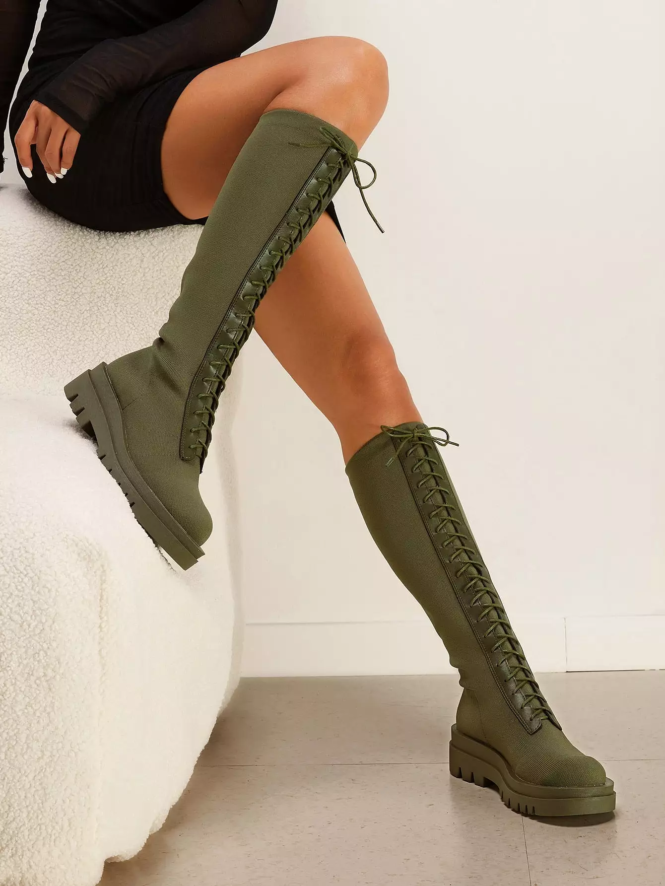 Basic Knit Detail Lace up Front Riding Boots