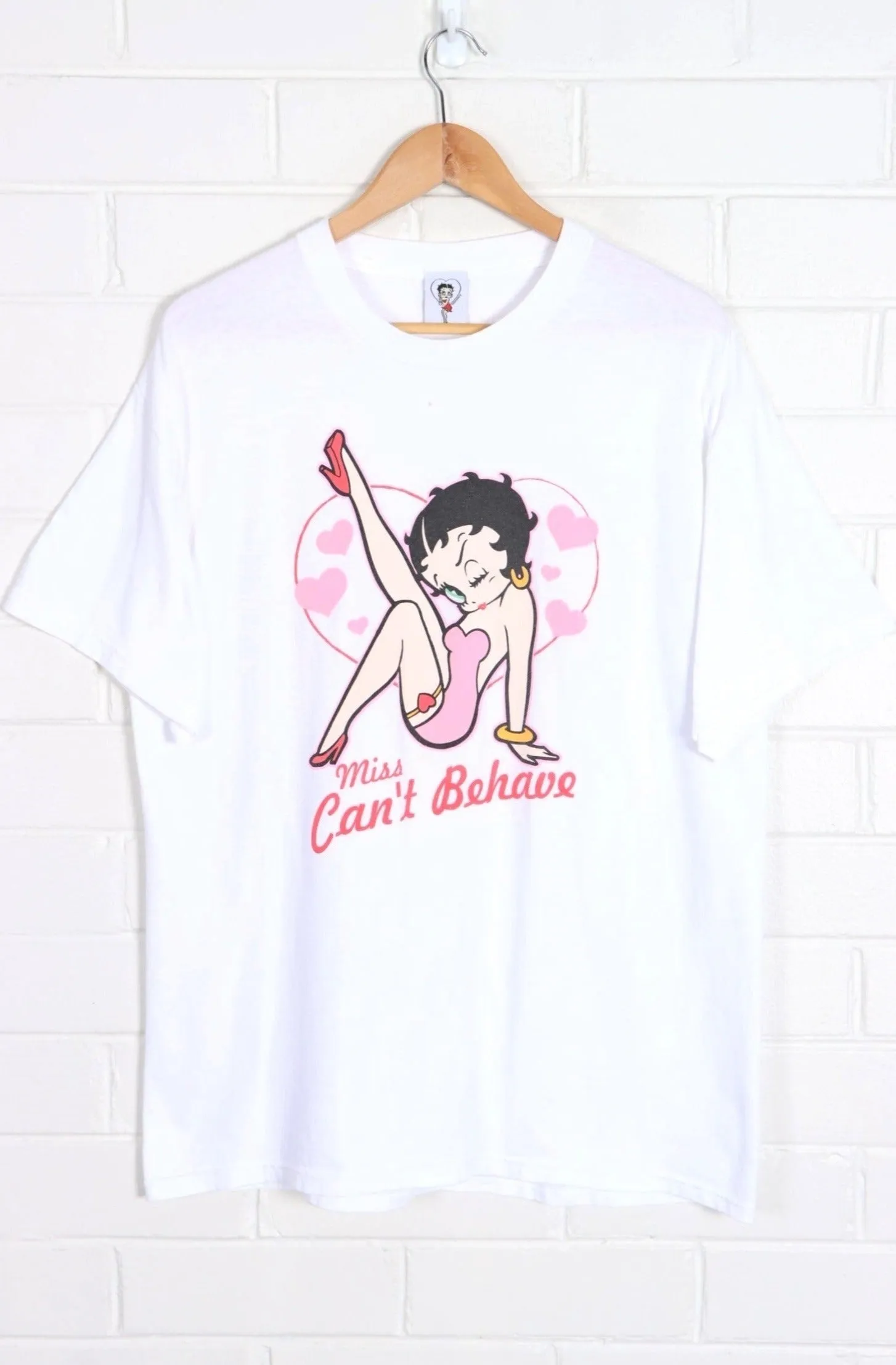 Betty Boop Miss Can't Behave Leg Kick Hearts T-Shirt (L)