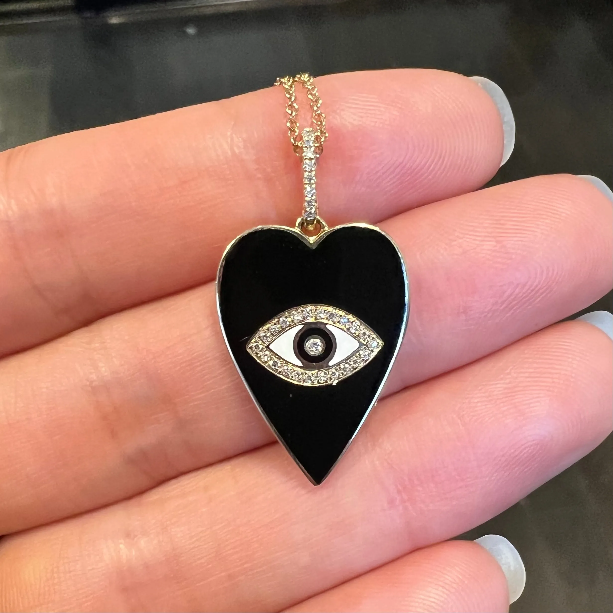 Black Enamel Heart and Evil Eye Necklace With Diamonds - Large