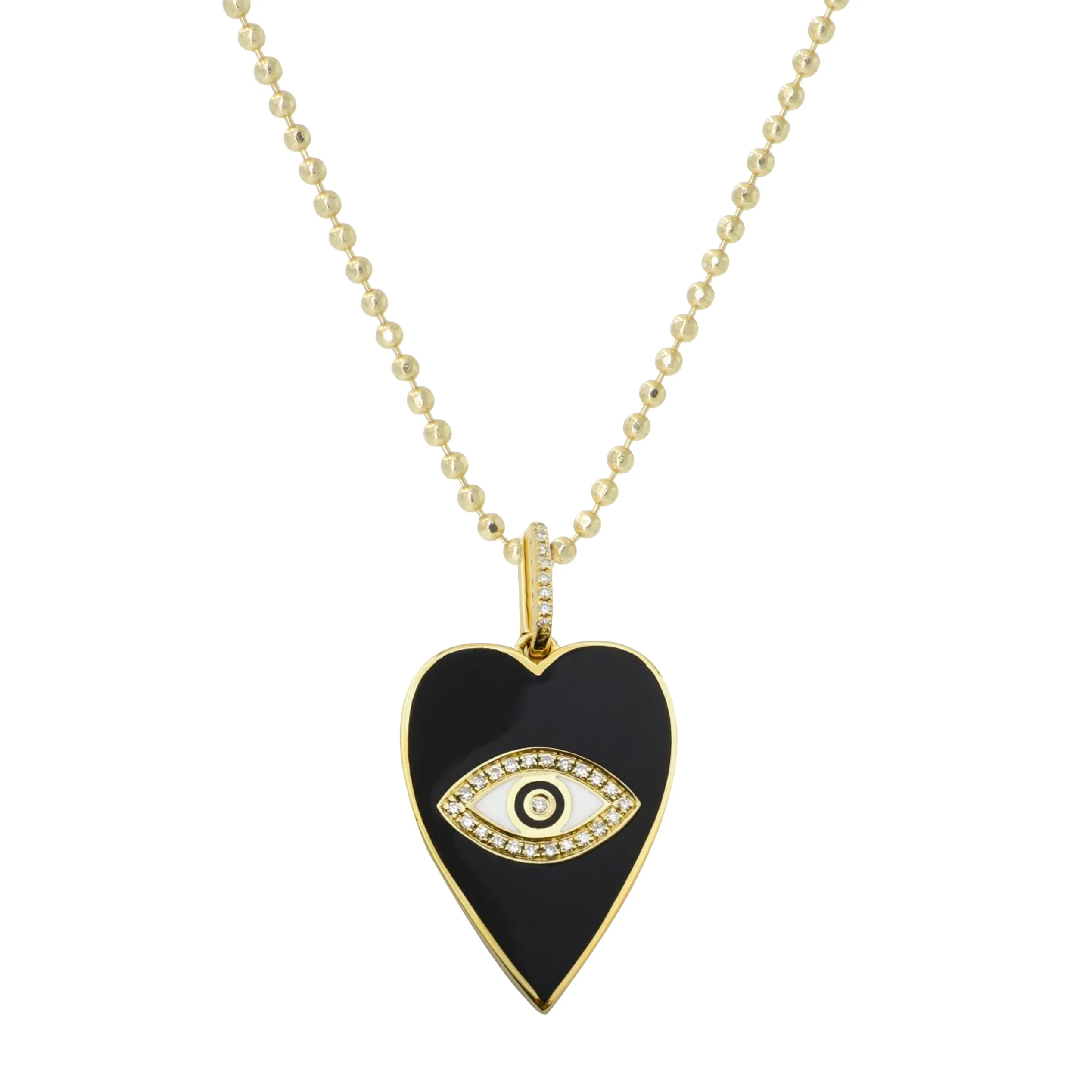 Black Enamel Heart and Evil Eye Necklace With Diamonds - Large