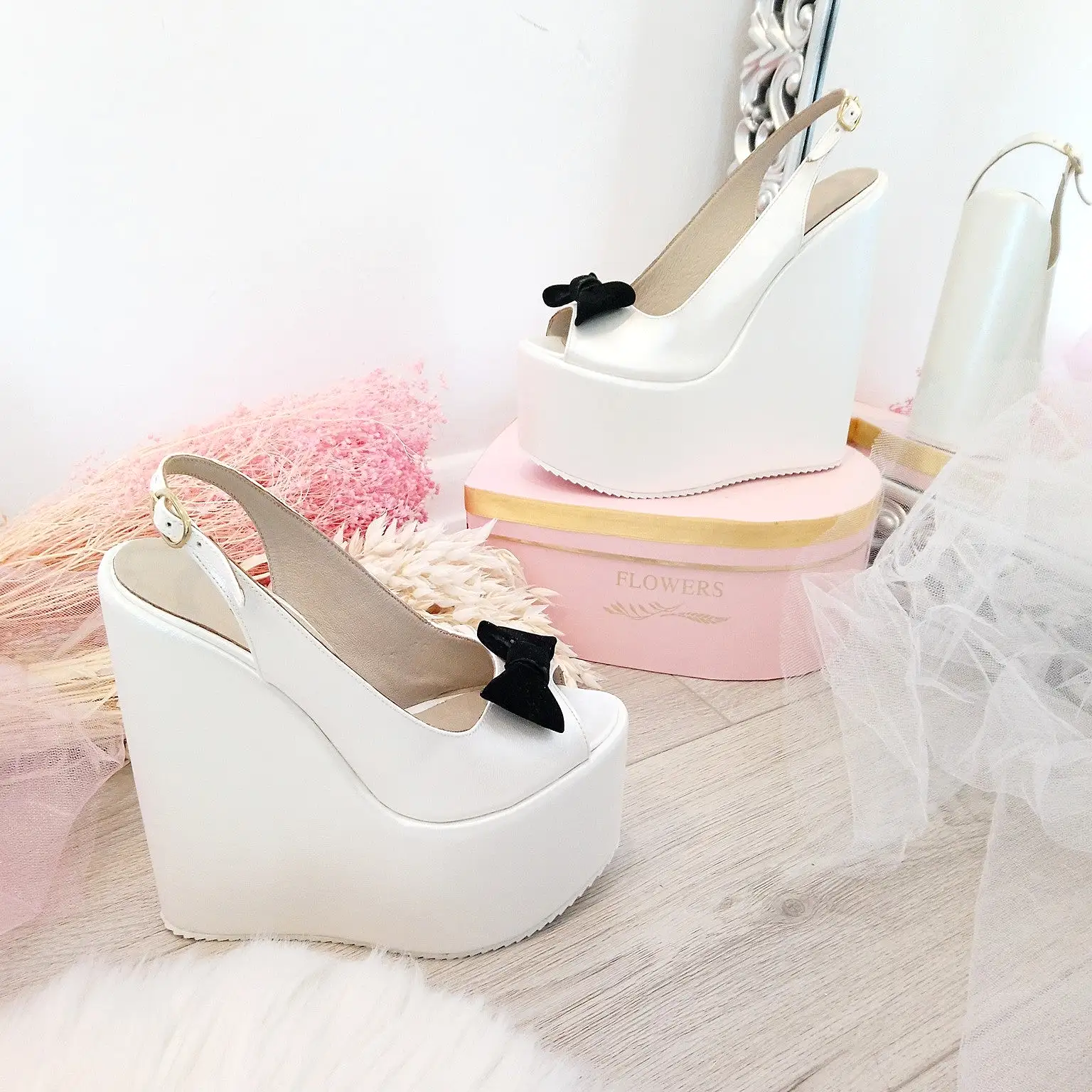 Bridal Ivory White Black Ribbon Peep Toe Wedge Shoes