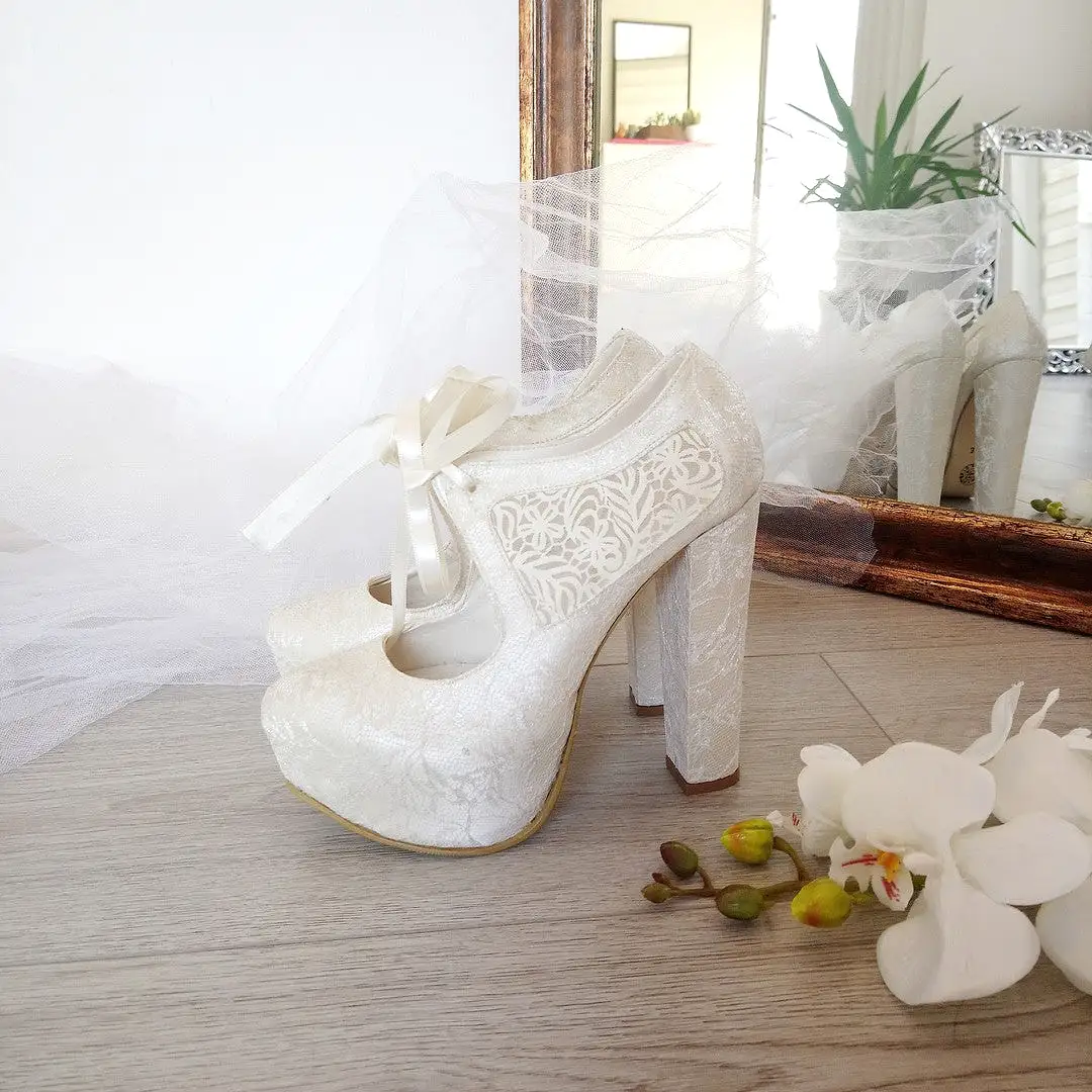 Bridal Lace Chunky Heel Platform Shoes