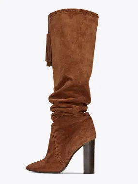 Brown Slouch Boots Suede Chunky Heel Knee-High Boots