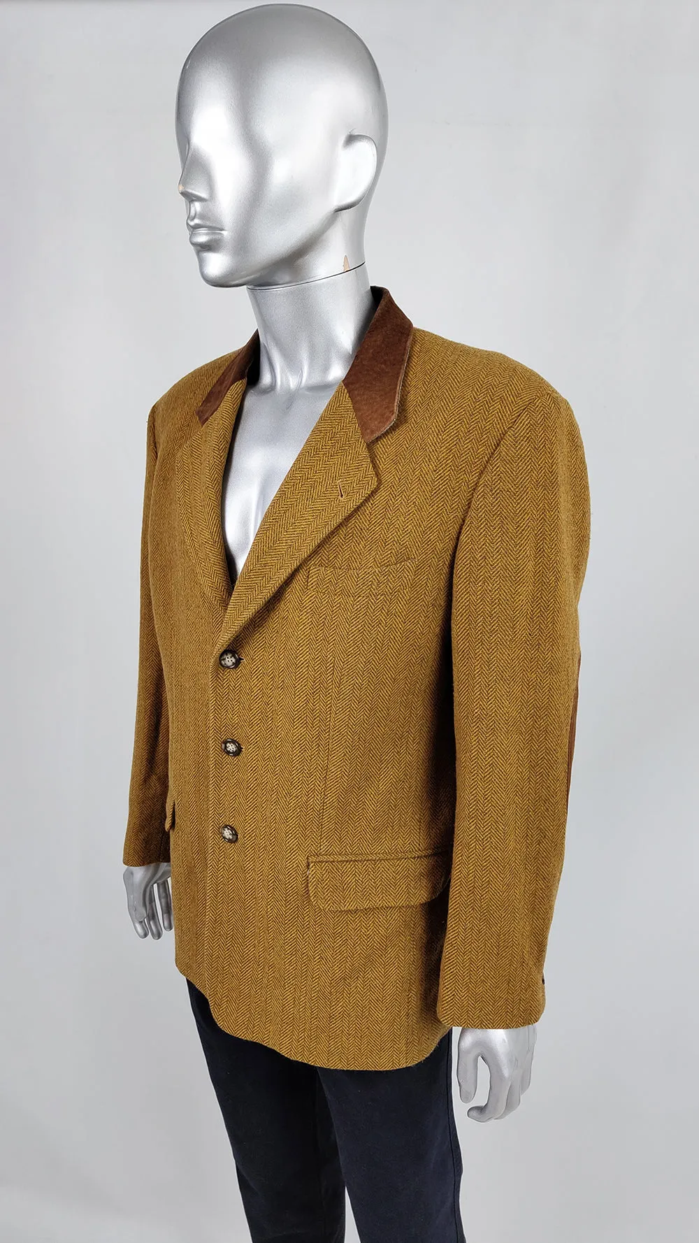 Byblos Vintage Mens Mustard Wool Tweed & Suede Blazer Jacket, 1980s