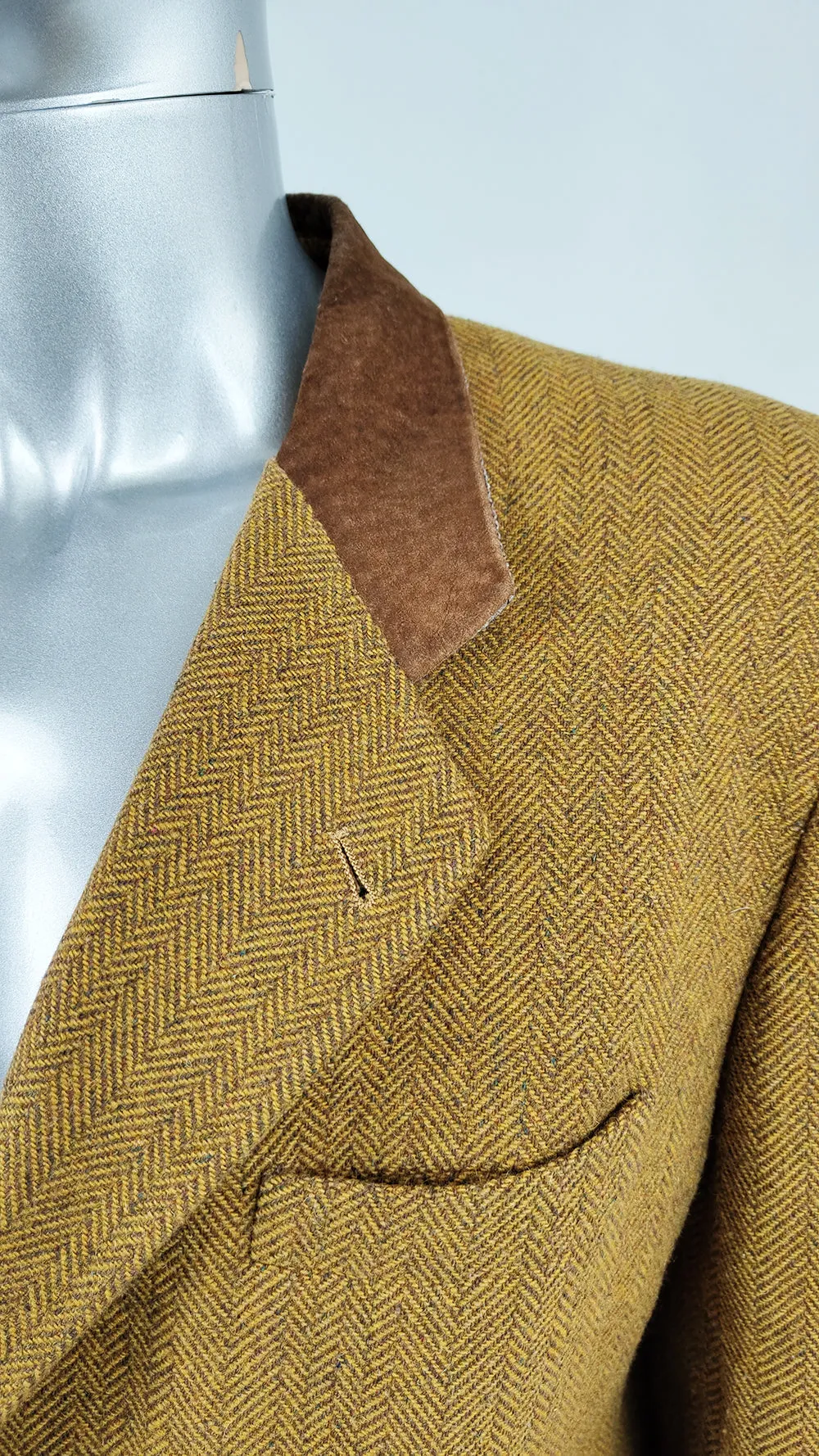 Byblos Vintage Mens Mustard Wool Tweed & Suede Blazer Jacket, 1980s