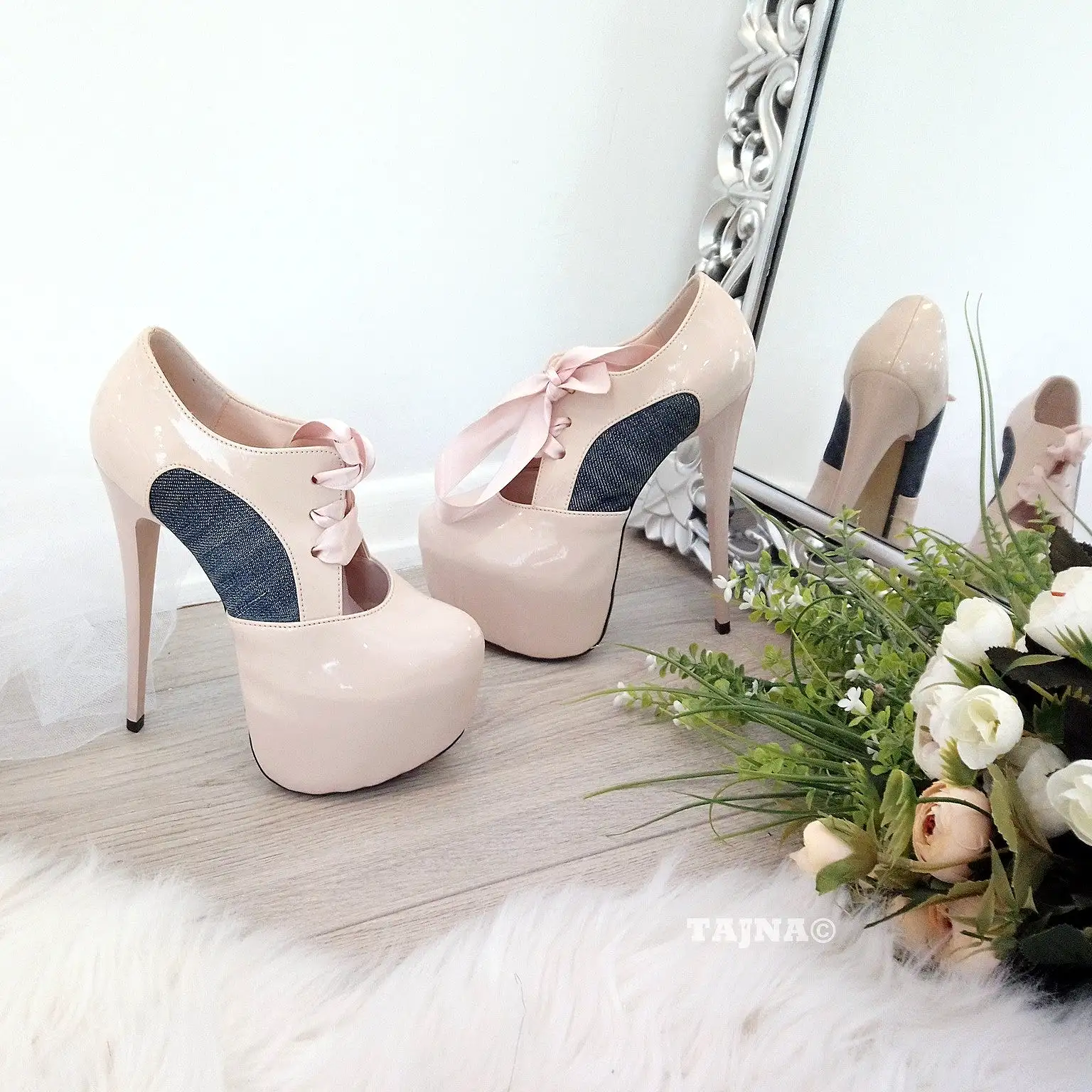 Cream Patent Leather Denim Lace Up Platform Shoes