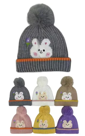 DBHK3934 Kids Rabbit Face Winter Knit PomPom Hats