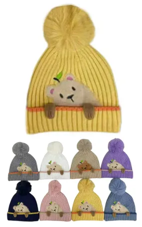 DBHK3939 Kids Bear Face Winter Knit PomPom Hats