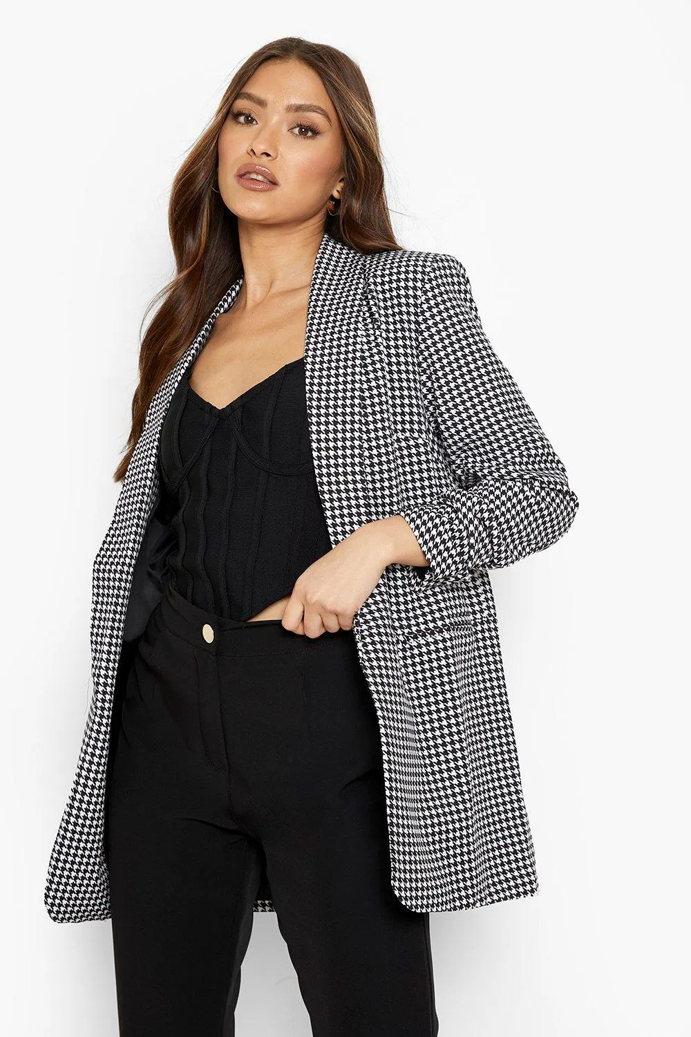 Dogtooth Ruched Sleeve Blazer