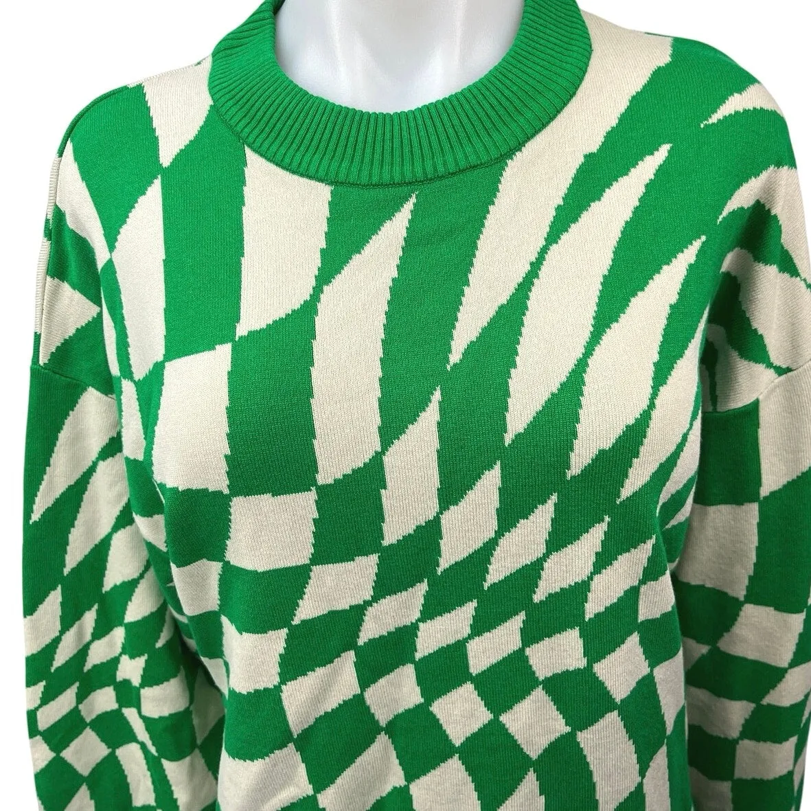 Edikted Green White Checkered Plaid Crew Neck Oversized Pullover Sweater Top M/L