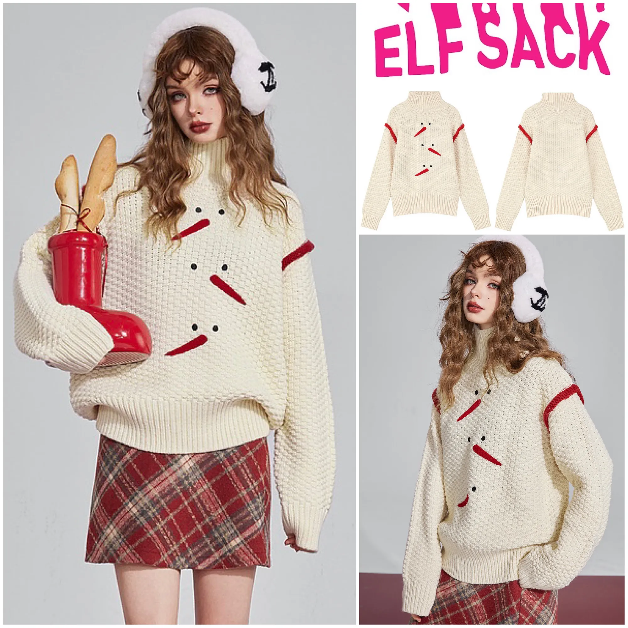 ELF SACK  |Casual Style Long Sleeves Plain High-Neck V-neck & Crew neck