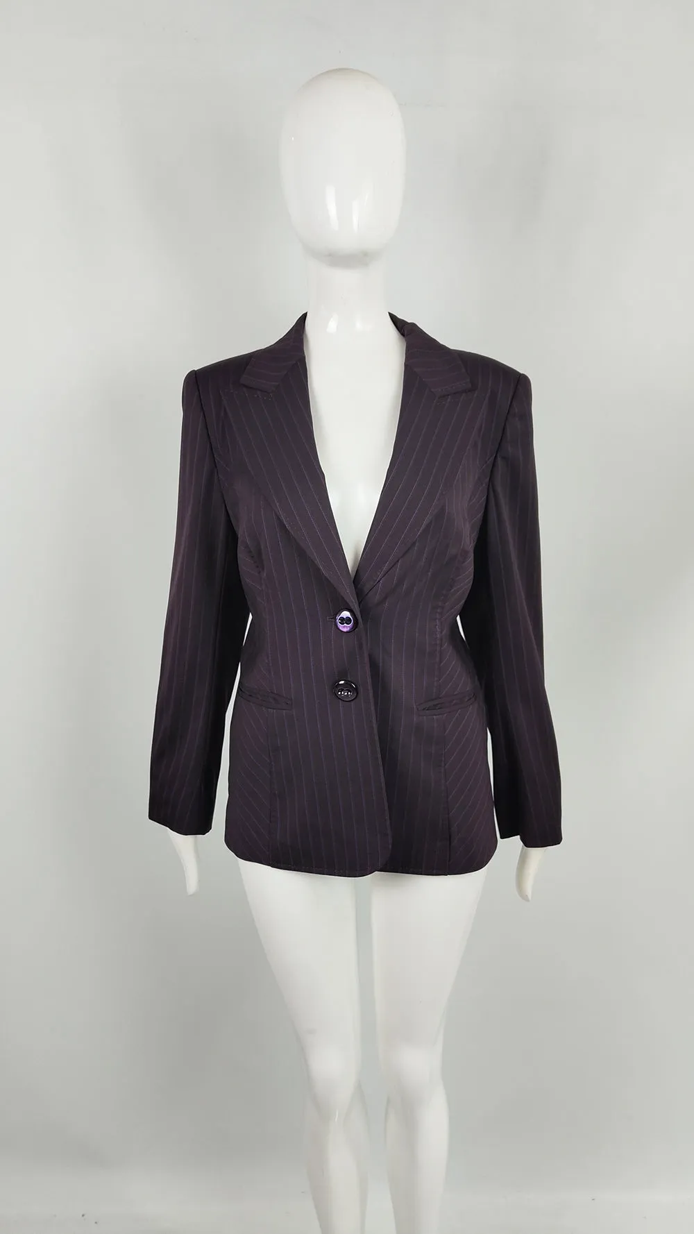 Escada Vintage Brown & Purple Virgin Wool Pinstripe Womens Blazer