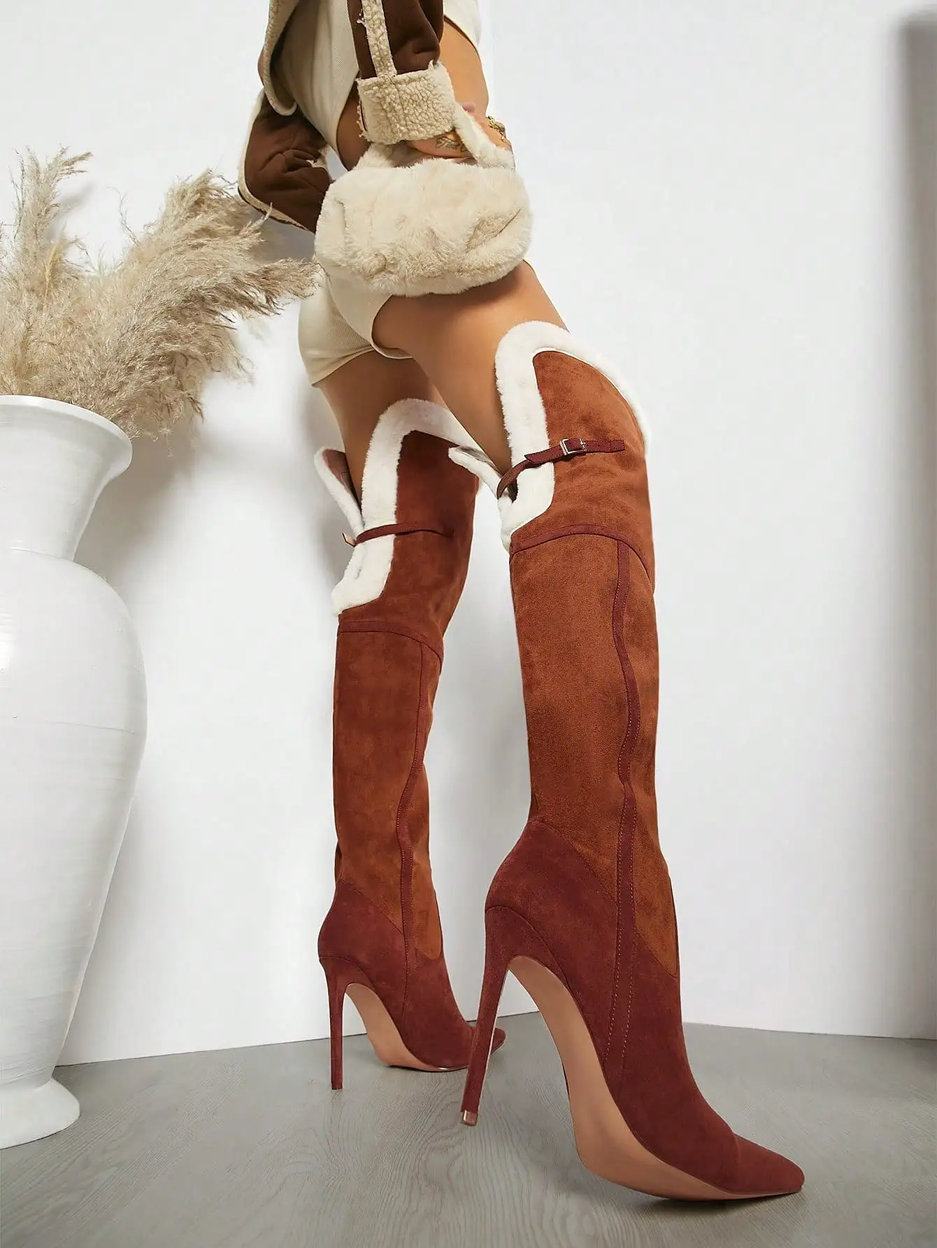 Faux Fur Trim Stiletto Heeled Boots