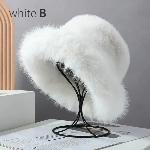 Fluffy Faux Fur Bucket Hats Women Warm Thick Plush Winter Hat