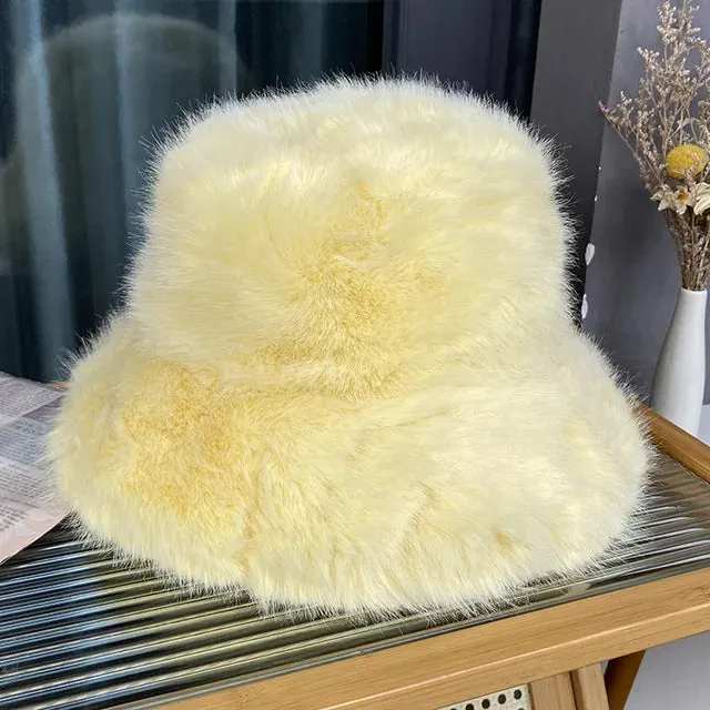 Fluffy Faux Fur Bucket Hats Women Warm Thick Plush Winter Hat