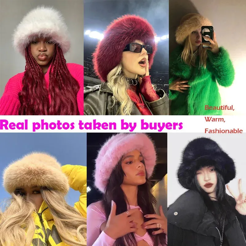 Fluffy Faux Fur Bucket Hats Women Warm Thick Plush Winter Hat