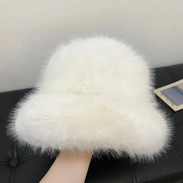 Fluffy Faux Fur Bucket Hats Women Warm Thick Plush Winter Hat