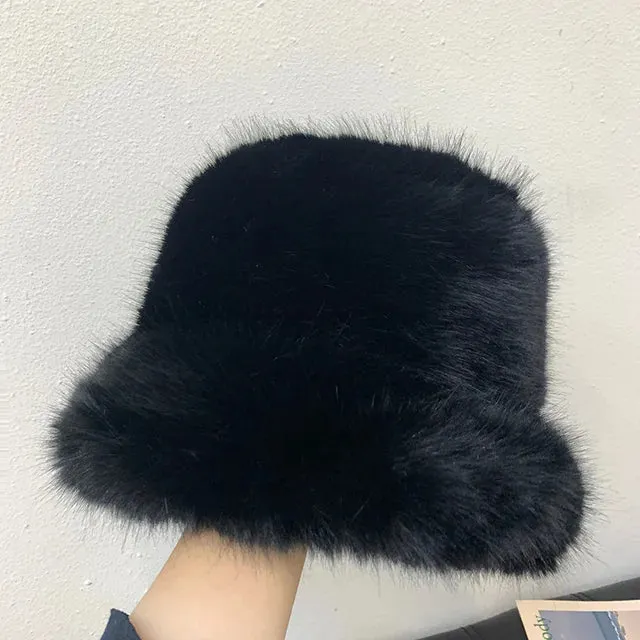 Fluffy Faux Fur Bucket Hats Women Warm Thick Plush Winter Hat