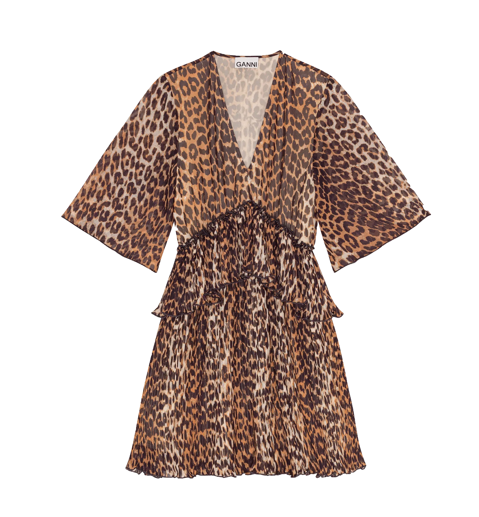 GANNI Leopard Pleated Georgette Mini Dress