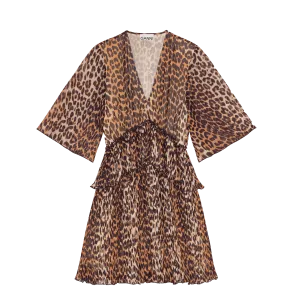 GANNI Leopard Pleated Georgette Mini Dress