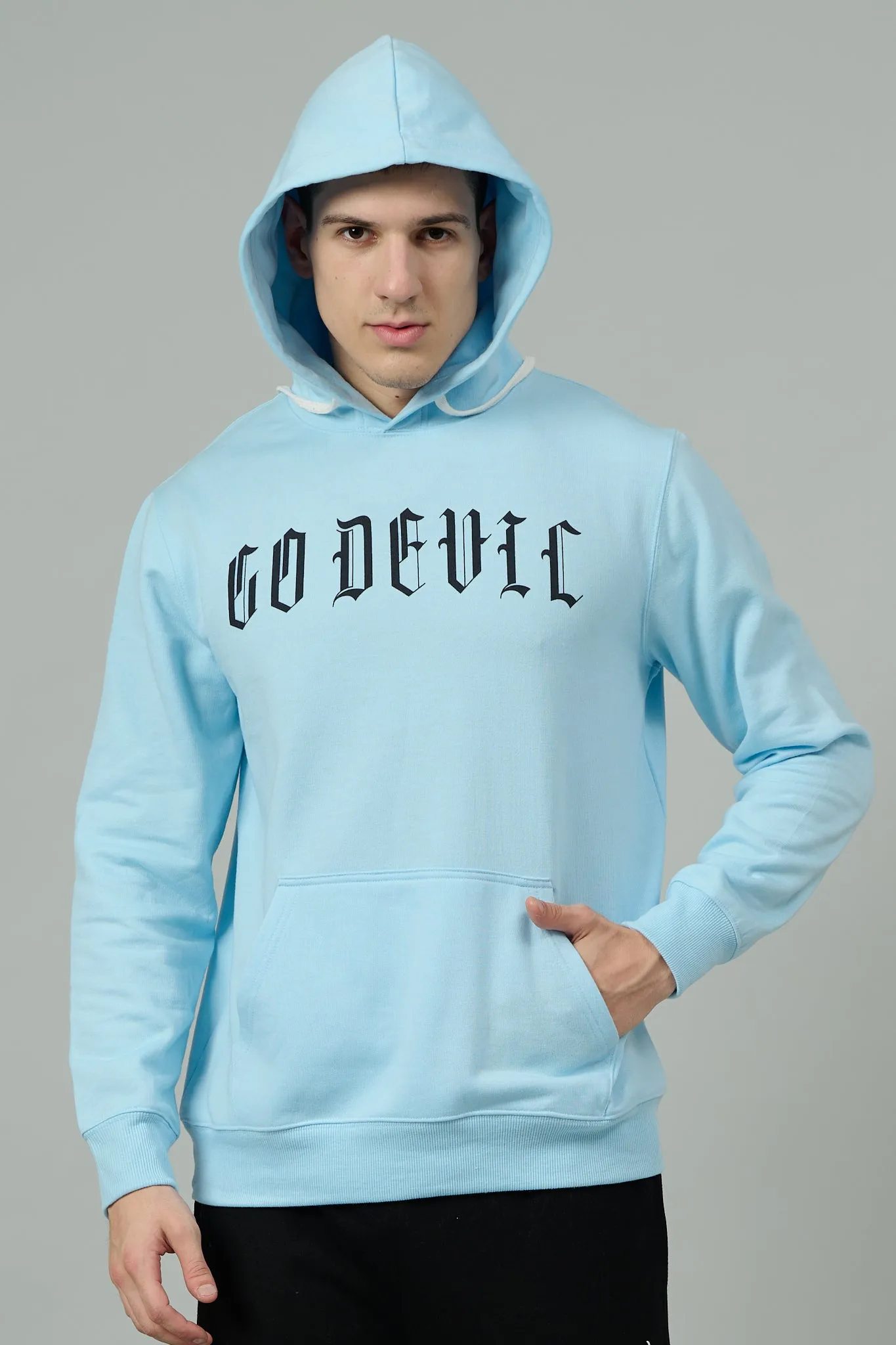 Go Devil Back Dice Printed Sky Blue Hoodie for Men