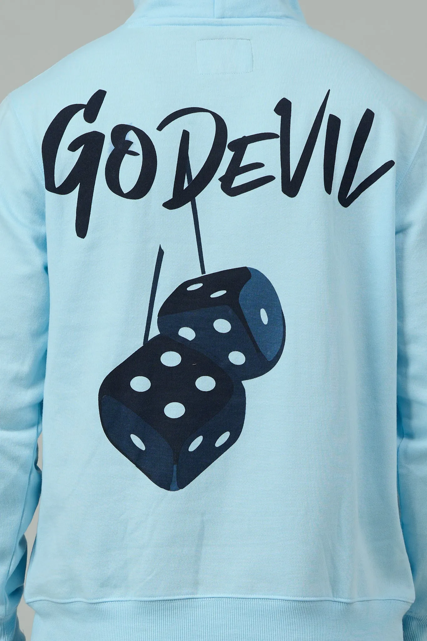 Go Devil Back Dice Printed Sky Blue Hoodie for Men