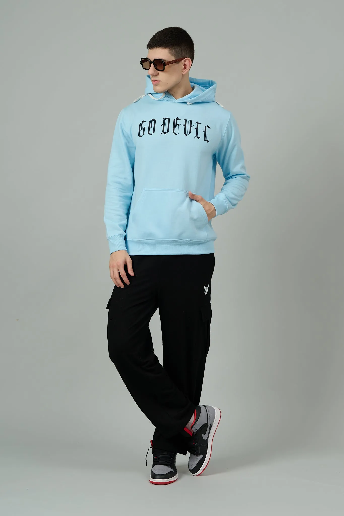 Go Devil Back Dice Printed Sky Blue Hoodie for Men