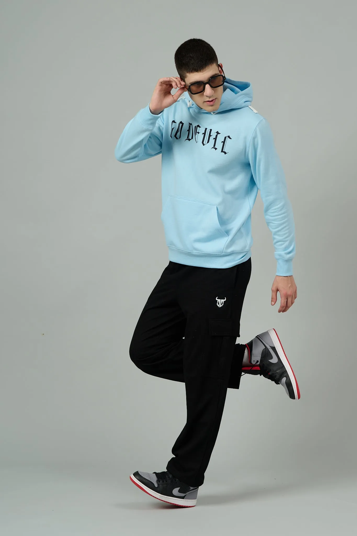 Go Devil Back Dice Printed Sky Blue Hoodie for Men