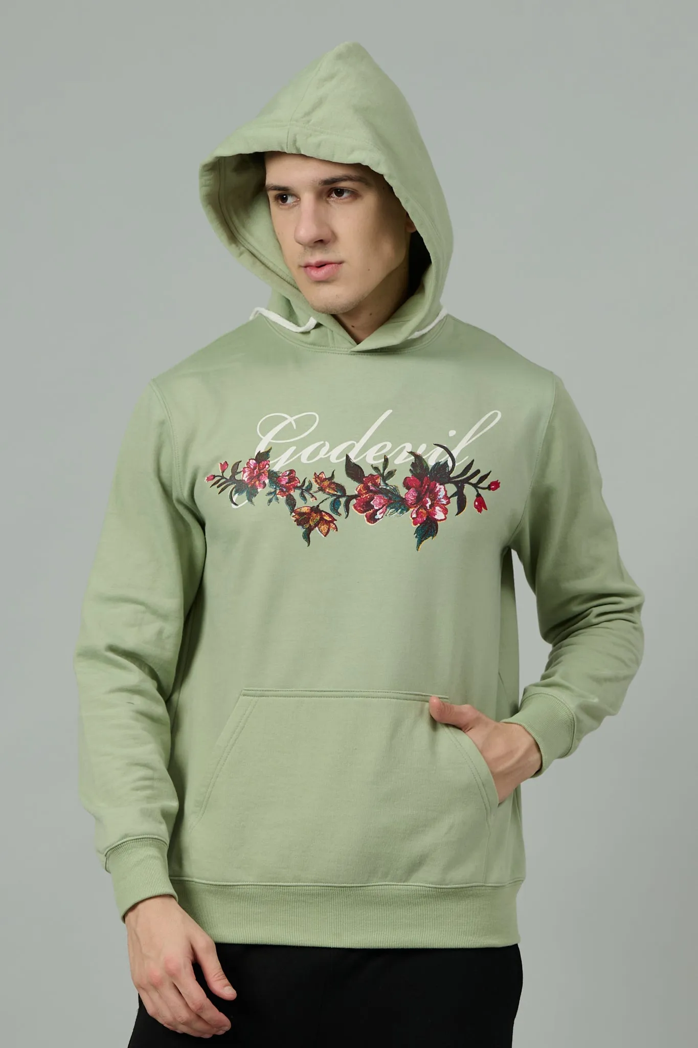 Go Devil with Flower Printed Green Hoodie for Men