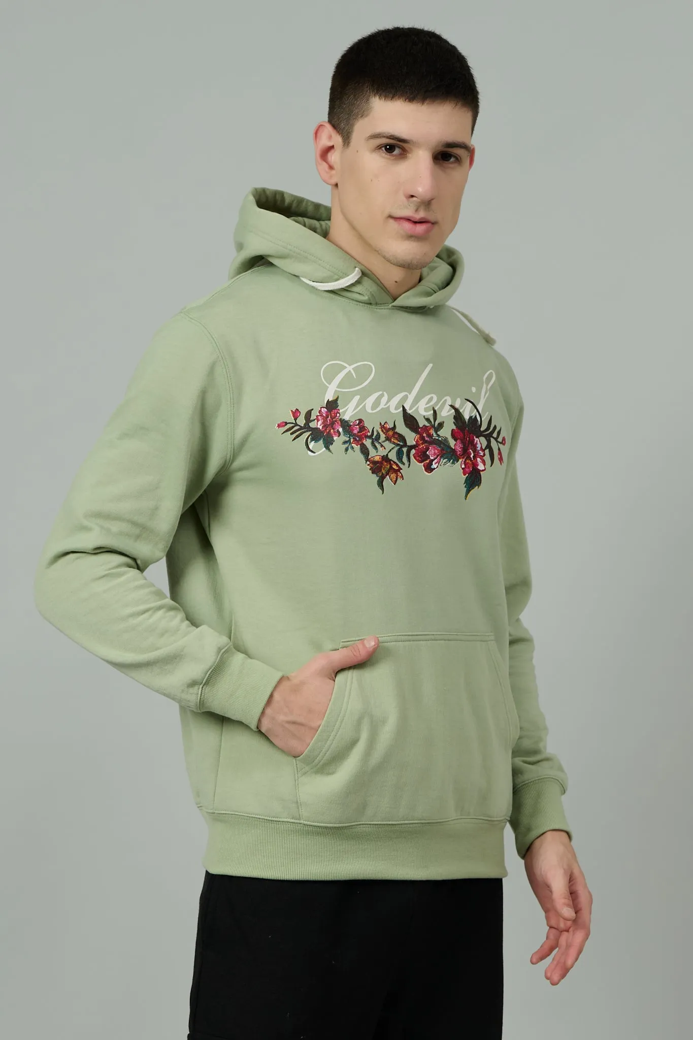 Go Devil with Flower Printed Green Hoodie for Men