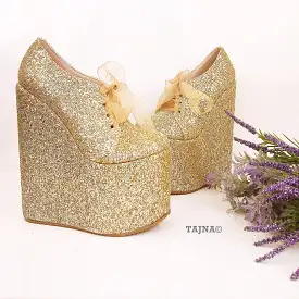 Gold Shinny Lace Up Shinny Wedge Platform Shoes