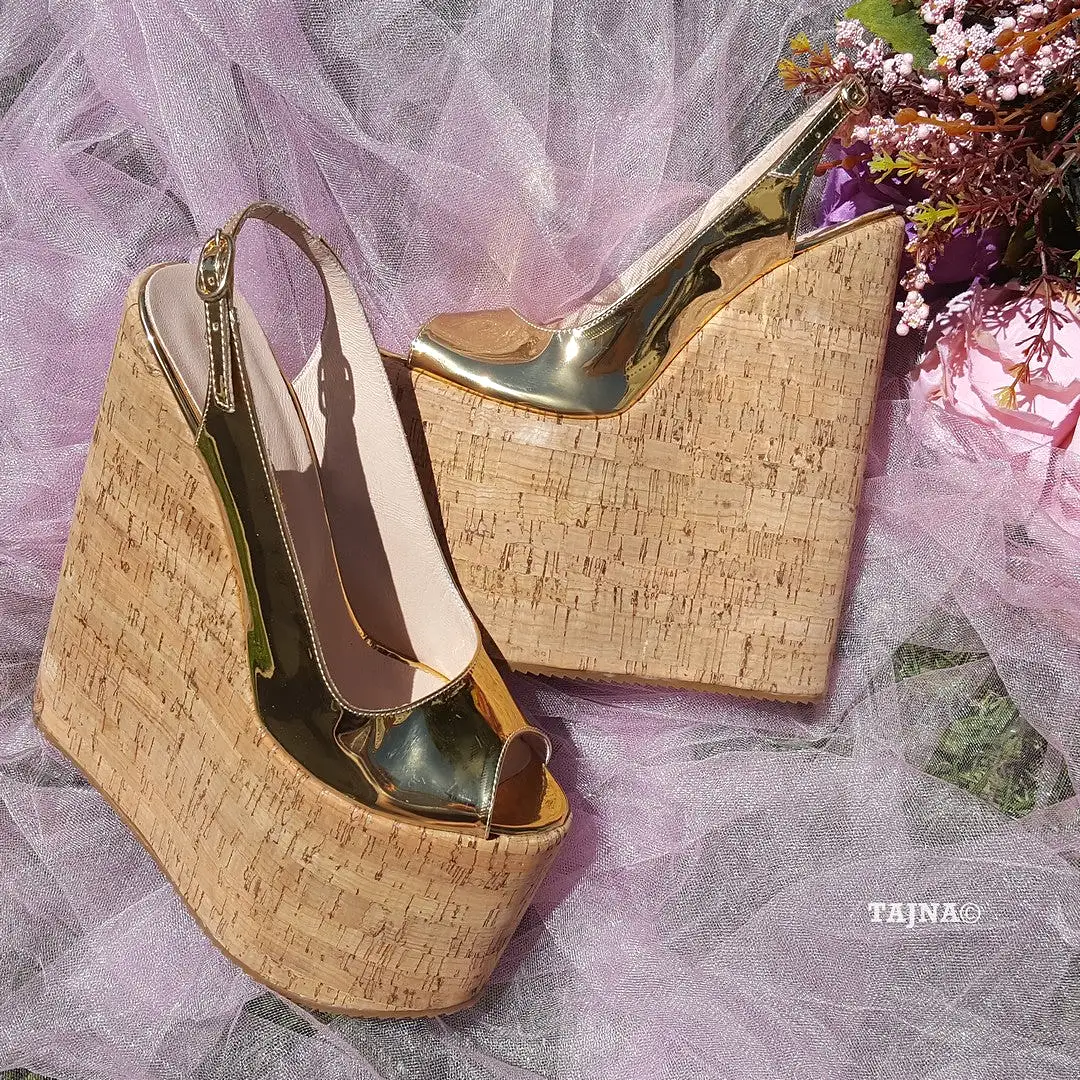 Golden Peep Toe Platform Wedge Shoes