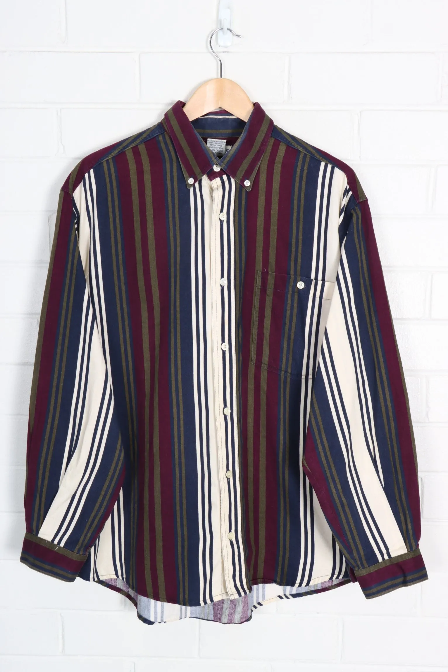 Green Burgundy & Cream Striped Long Sleeve Button Up Shirt (XL)