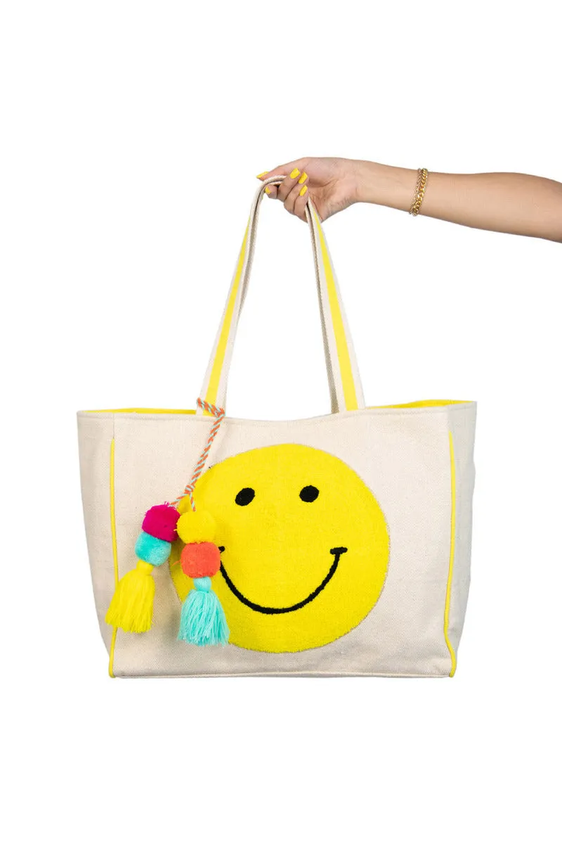 Happy Face Chenille Patch Canvas Tote Bag Purse