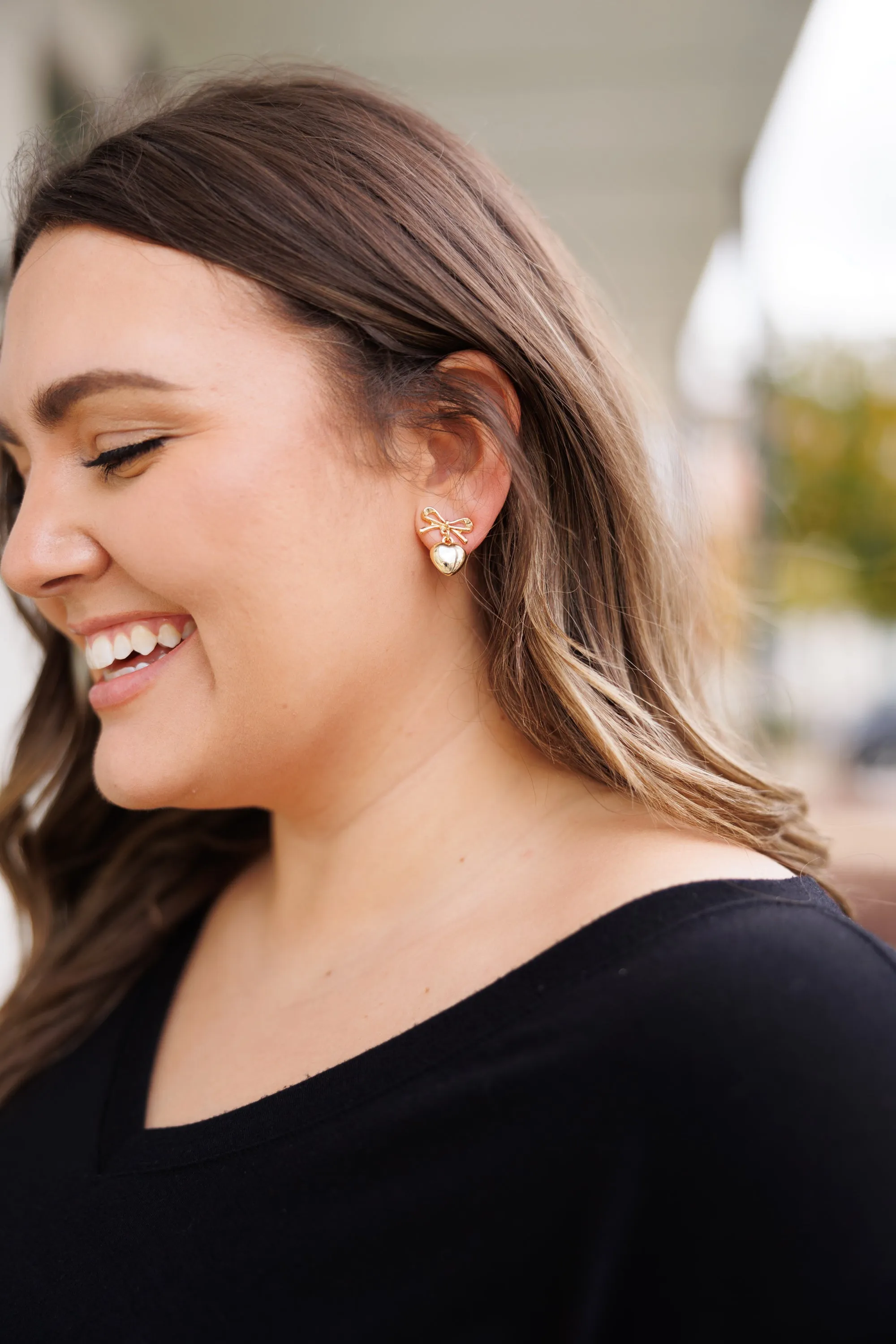 Heart and Bow Earrings, Gold