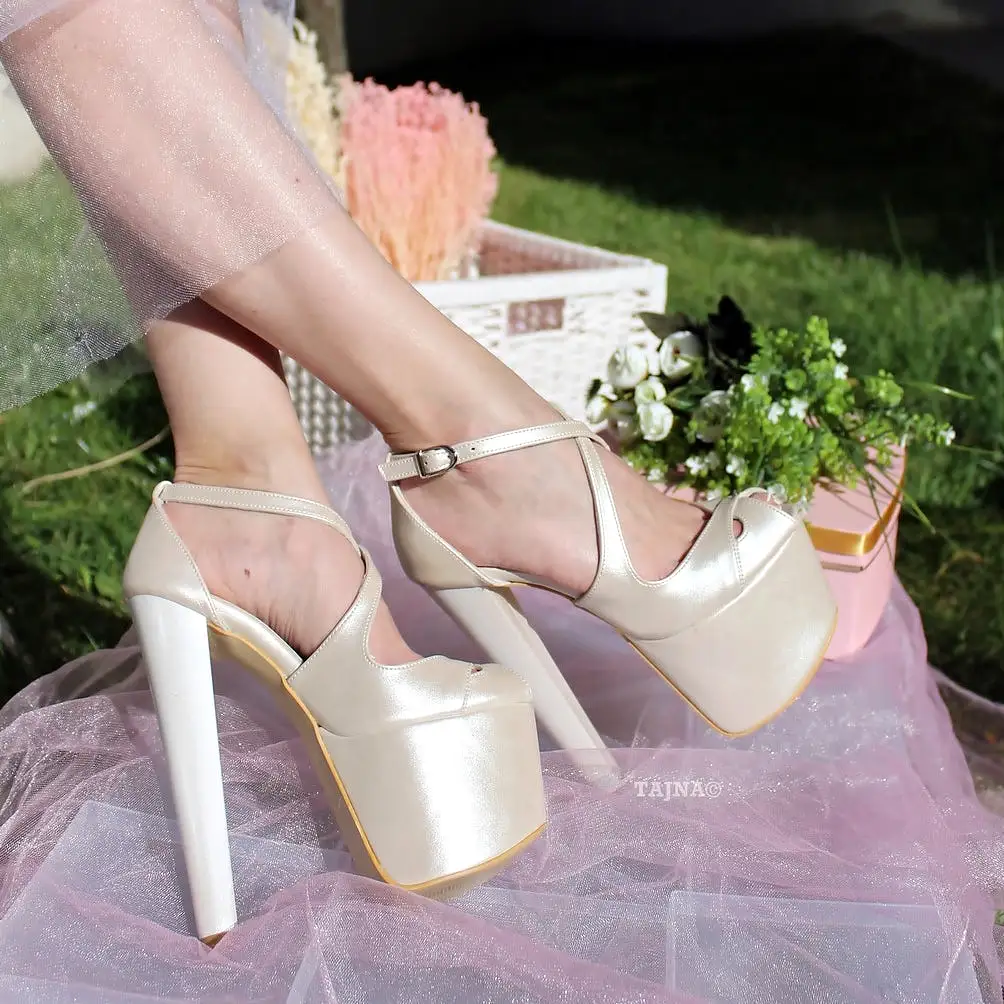 Ivory White Strap High Heel Platform Bride Shoes