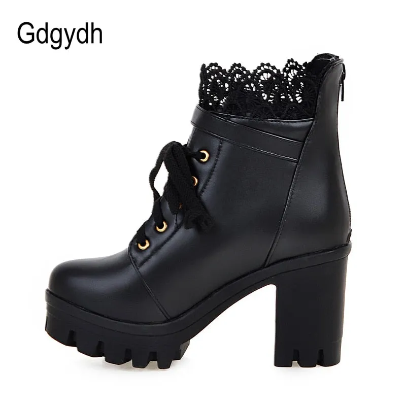 Lace Ankle Boots Thick High Heels Women Boots Sexy Lacing Round Toe Platform Ladies Shoes Large Sizes 34-43