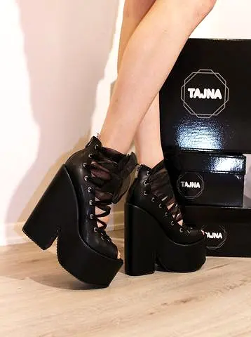 Lace Up Designer Black Wedge Platform Shoes