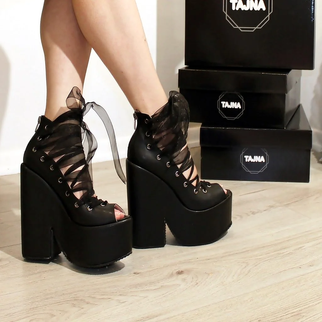 Lace Up Designer Black Wedge Platform Shoes