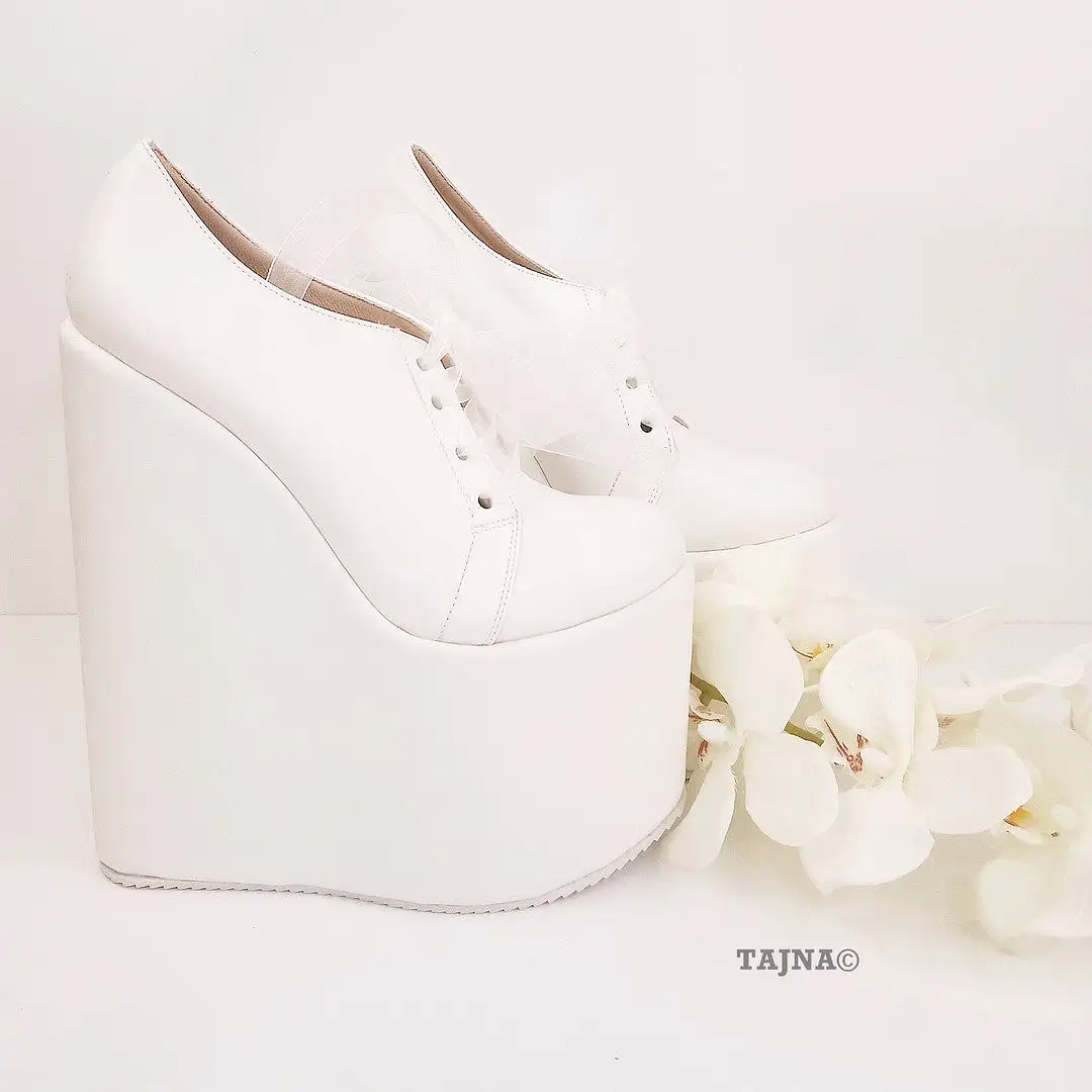 Lace Up Platform White Wedge Bridal Shoes