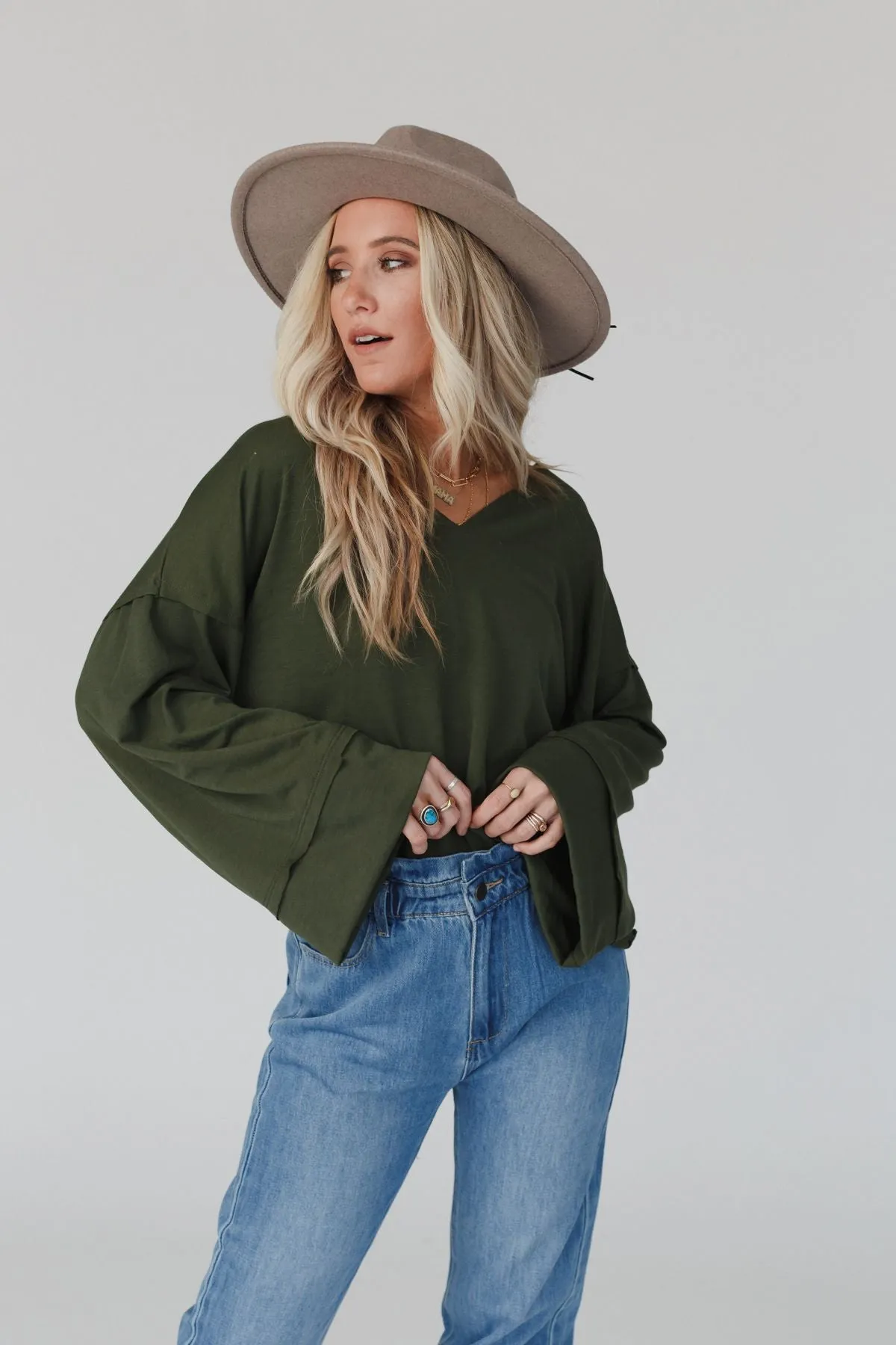 Love It V Neckline Sweater Top - Olive