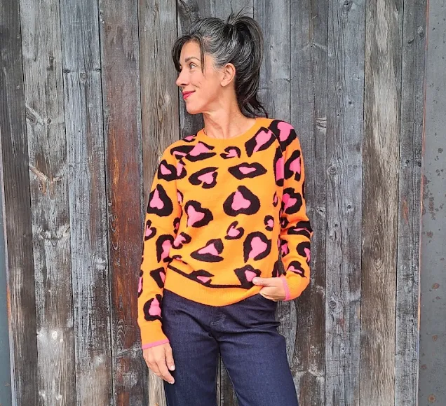 Lucy Leopard  Crew Sweater Neon Orange/Black