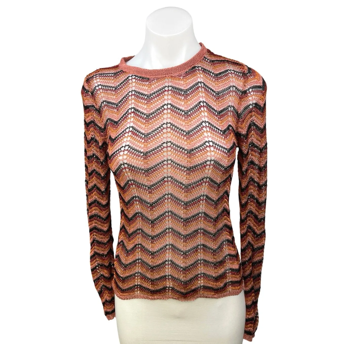 Mango Brown Multicolor Metallic Openwork Knit Long Sleeve Sheer Sweater Top  S