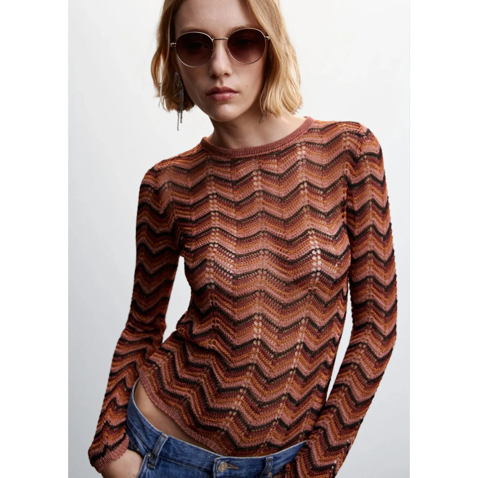 Mango Brown Multicolor Metallic Openwork Knit Long Sleeve Sheer Sweater Top  S