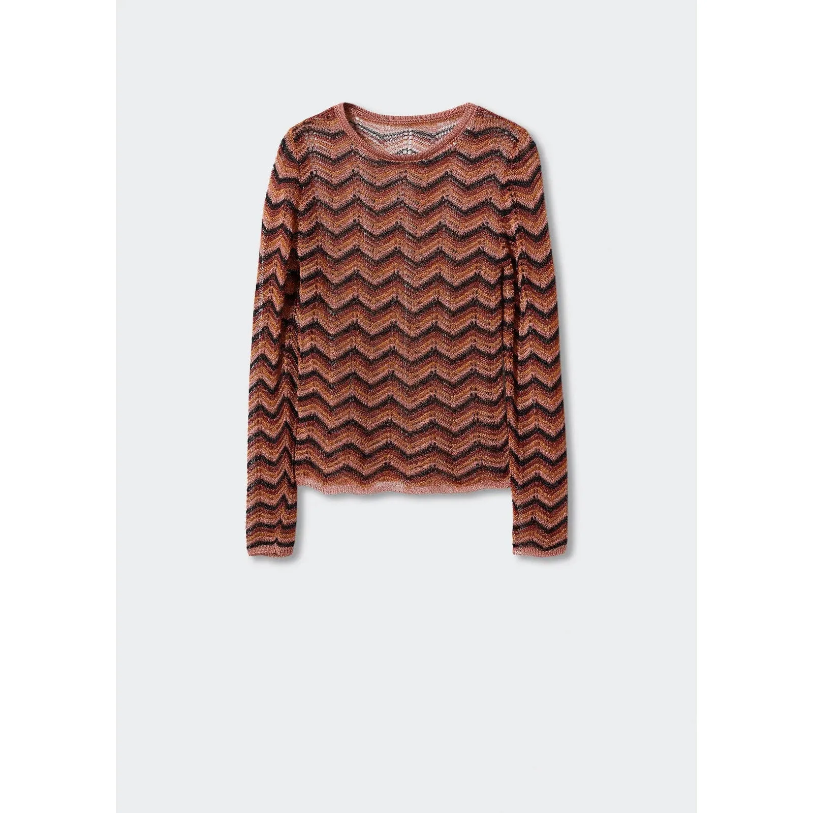 Mango Brown Multicolor Metallic Openwork Knit Long Sleeve Sheer Sweater Top  S